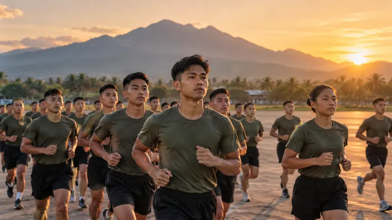 Recruits jogging in formation on a parade ground at golden hour, with mountains behind