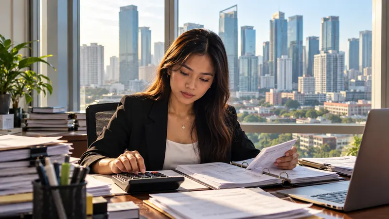 An accountant working at a desk with a calculator and ledgers beside a window overlooking the Makati skyline