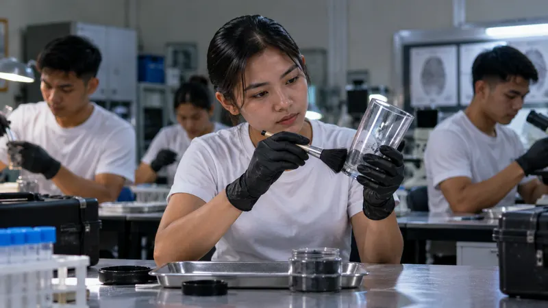 A criminology student dusting a drinking glass for fingerprints in a training forensics laboratory