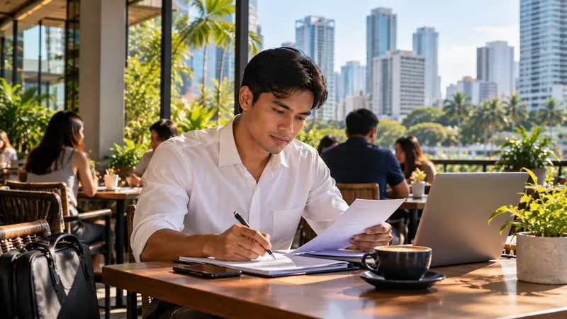 A young professional in office attire reviewing notes at a sunny café table in Quezon City