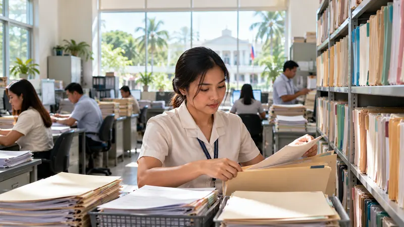 A municipal hall records clerk organising folders in a bright filing room