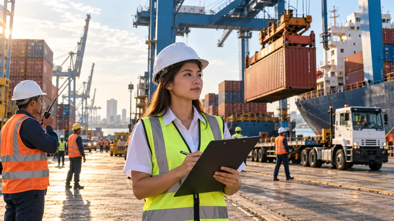 Shipping containers being unloaded by gantry crane at the Port of Manila, with a customs broker holding a clipboard