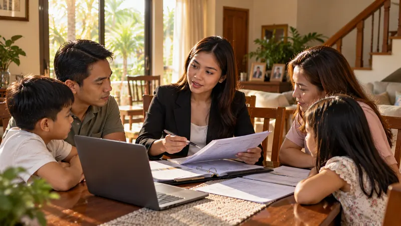 A financial adviser explaining a life insurance policy to a family at their dining table in warm afternoon light