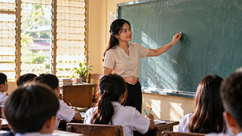 A teacher writing on a chalkboard in a public-school classroom with capiz-shell windows, students seen from behind