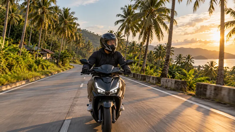 A rider in a full-face helmet on a scooter on a provincial concrete road lined with coconut palms