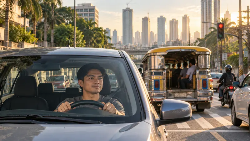 A young Filipino driver in a hatchback waiting at a Manila intersection with a jeepney ahead in early morning light