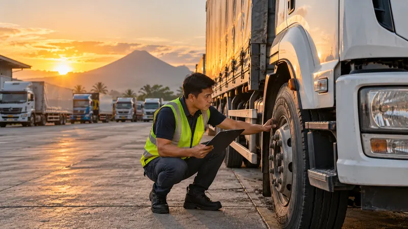 A truck driver doing a walk-around check of a cargo truck at a Luzon highway depot at dawn