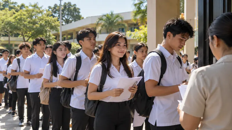 A group of young Filipino applicants in white shirts lined up outside a school testing centre in the morning sun