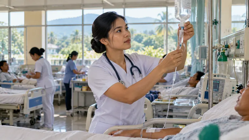 A nurse in white scrubs checking an IV line at a patient's bedside in a bright provincial hospital ward