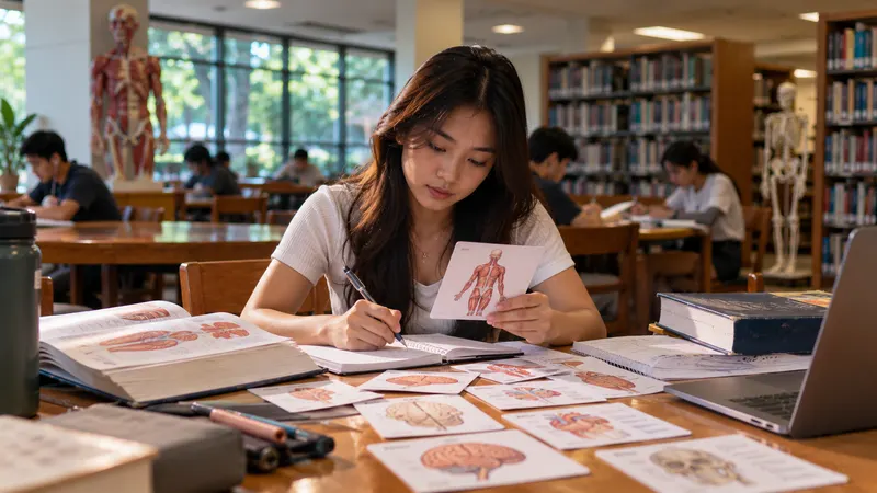 A pre-med student studying anatomy flashcards at a table in a quiet university library