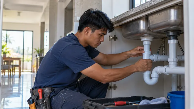 A plumber fitting PVC pipes under a kitchen sink in a newly built concrete house
