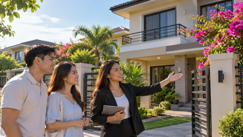 A real estate broker showing a two-storey house with a gate and bougainvillea to a young couple in a Cavite subdivision
