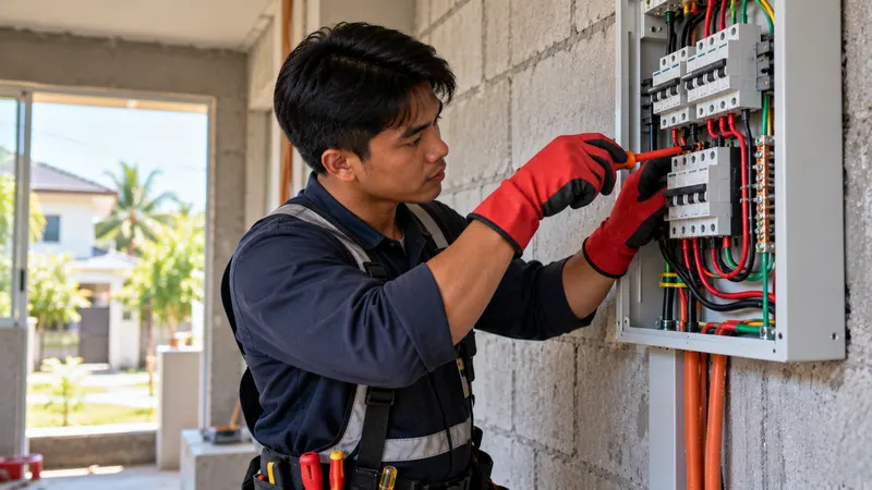 An electrician with insulated gloves wiring a residential panelboard in a concrete-block house